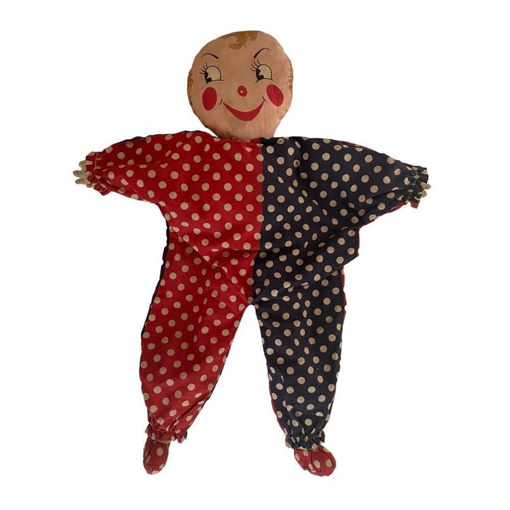 Vintage Stuffed Clown Doll Red Blue White Polka Dot Fabric Handmade 20"